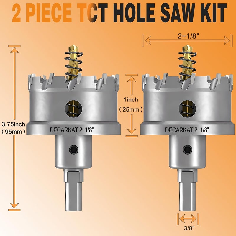 DECKRKAT 2-Pack 2-1/8" TCT Hole Saws for Hard Metal, Heavy Duty 54mm Tungsten Carbide Tipped Hole Cutters Set with Spring-Loaded Pilot Drill Bits for Stainless Steel, Metal, Iron, and Plastic. - Image 2